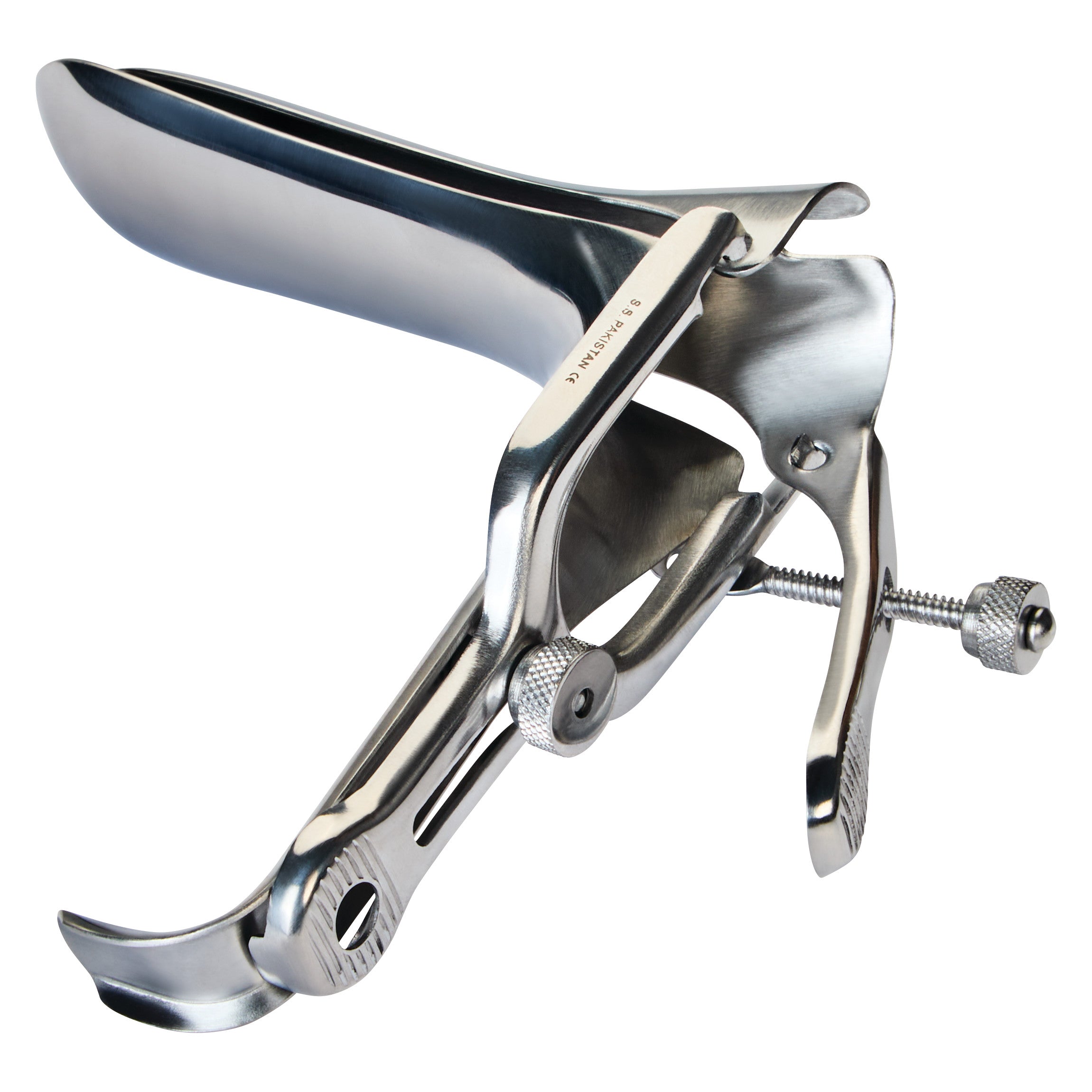 Stainless steel Graves Vaginal Speculum with an adjustable screw mechanism, used for medical examinations.