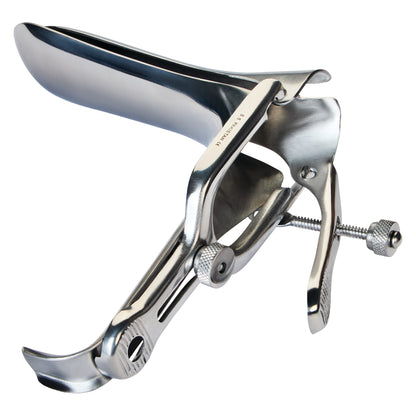 Stainless steel Graves Vaginal Speculum with an adjustable screw mechanism, used for medical examinations.