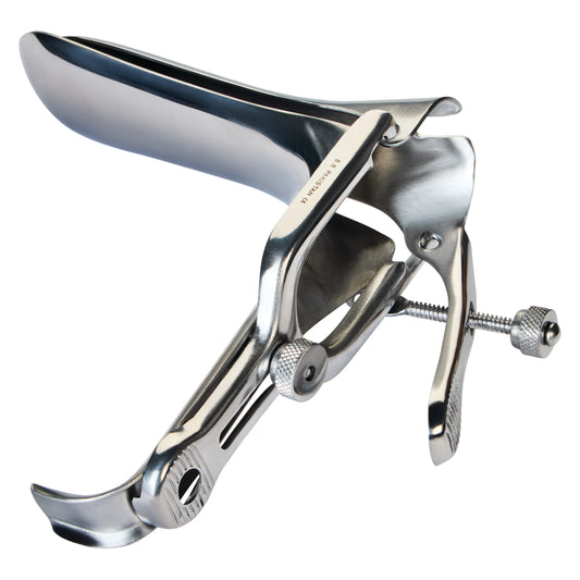 Stainless steel Graves Vaginal Speculum with an adjustable screw mechanism, used for medical examinations.