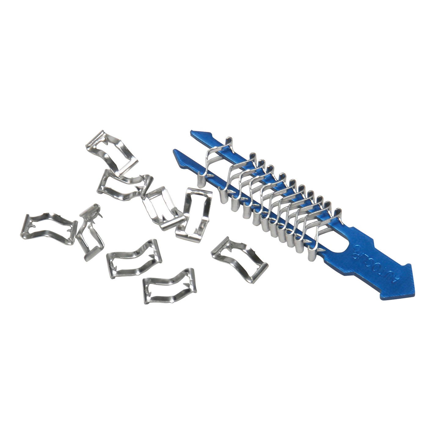 AutoClip Wound Clips are shown, featuring multiple metal wound clips stacked on a blue holder, with some clips scattered nearby.