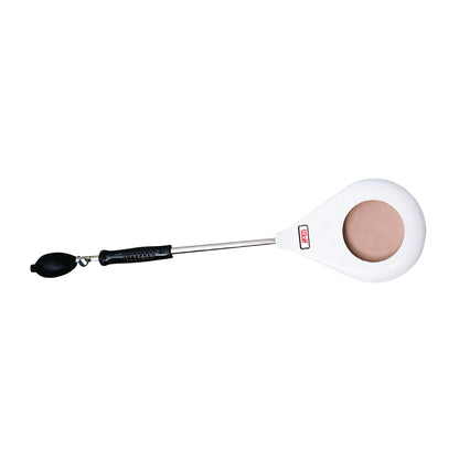 Wolf Pneumatic Compression Paddle featuring a white paddle with a tan center, a metal handle, and a black air pump attachment.