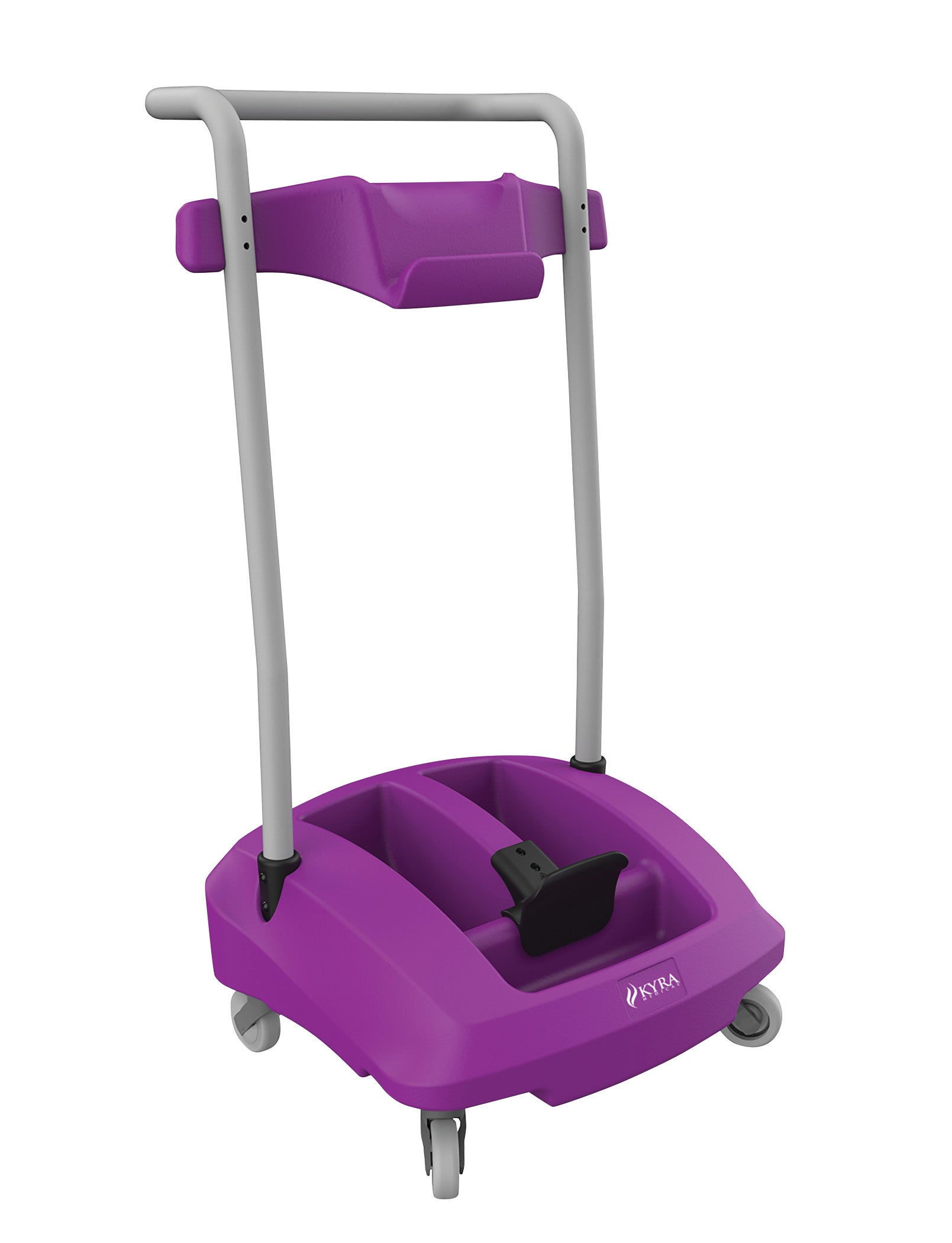 Purple storage cart for the KYRA Curve Spine Frame System with gray handles and wheels, designed for mobility and organization.