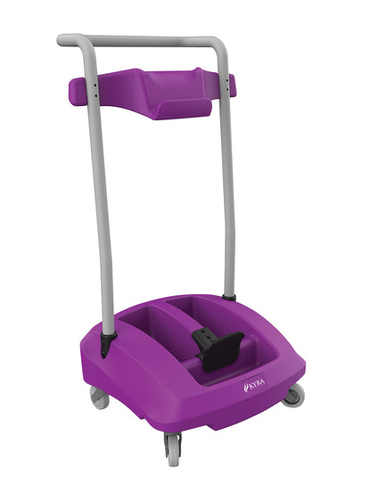 Purple storage cart for the KYRA Curve Spine Frame System with gray handles and wheels, designed for mobility and organization.
