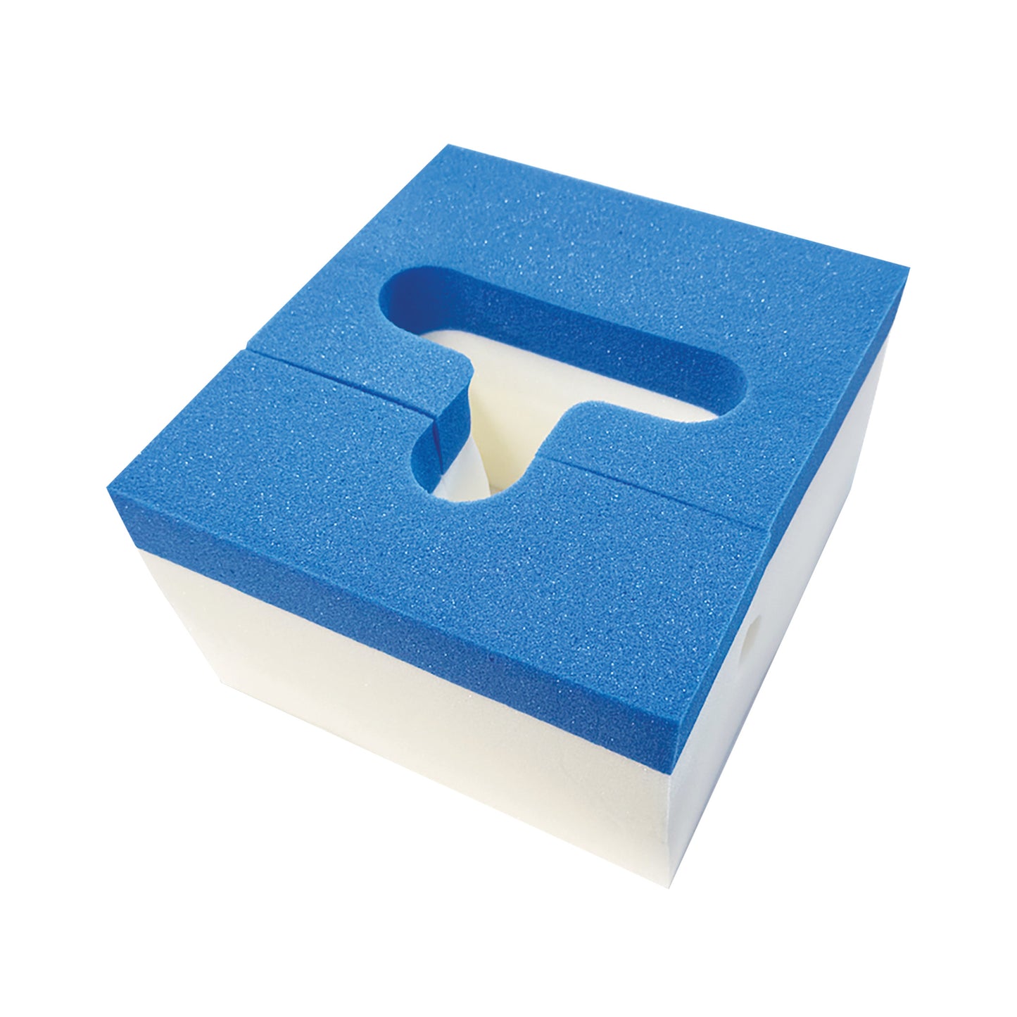 Blue and white foam block with a T-shaped cutout. It's a Disposable Foam Head Block for the KYRA Curve Spine Frame.