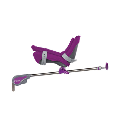 KYRA 250 Junior Lithotomy Stirrup with purple padding and an adjustable metal rod for medical use.