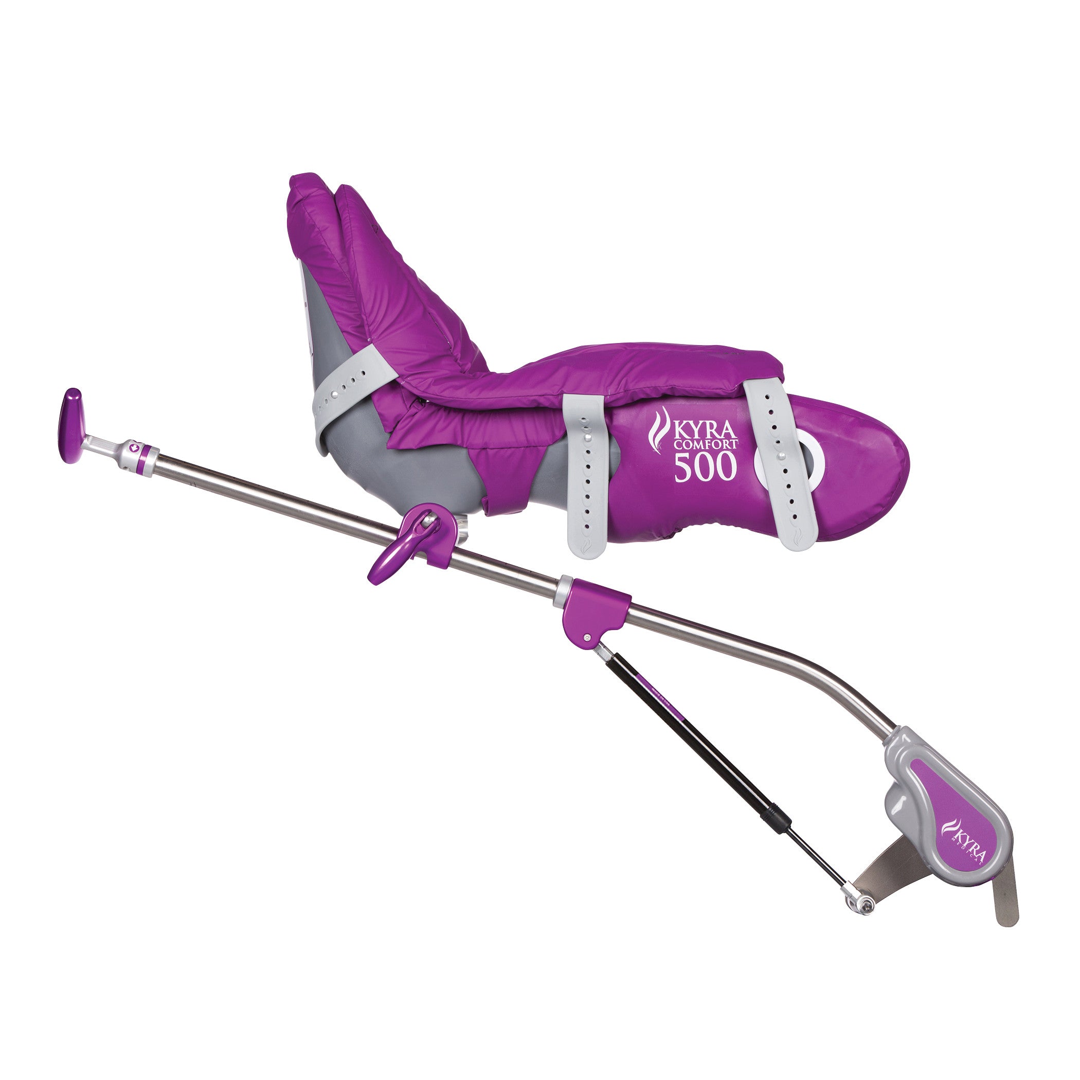 Purple KYRA Comfort 500 Lithotomy Stirrup with Secure-Lok Straps, featuring padded support and adjustable metal rods.