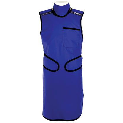 Lead-free frontal apron by Barrier Technologies, called "Ready To Go UltraFlex." It's blue with black trim and has a chest pocket.