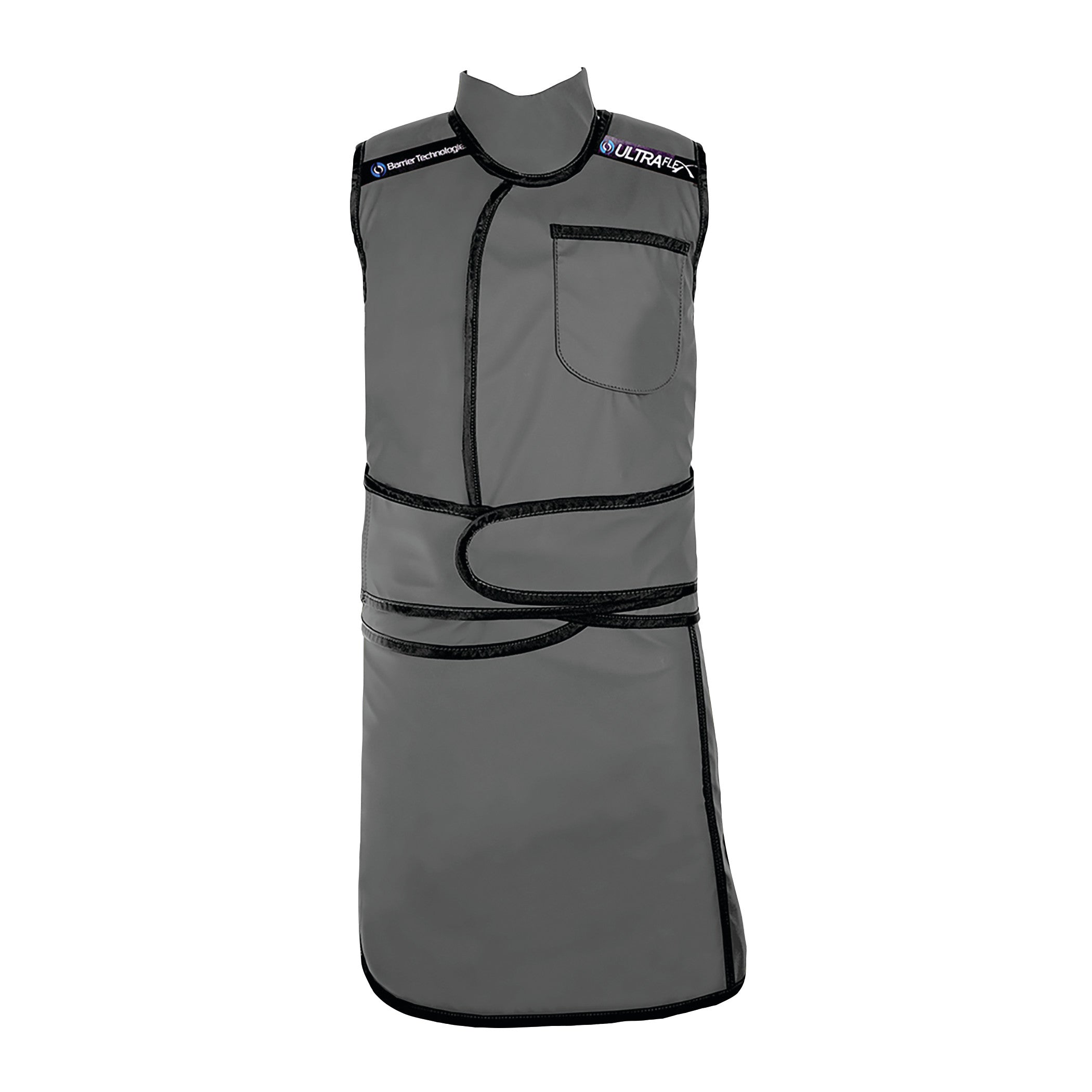 Gray Barrier Technologies Ready To Go UltraFlex Lead-Free Support Vest and Skirt with black trim and a front pocket.