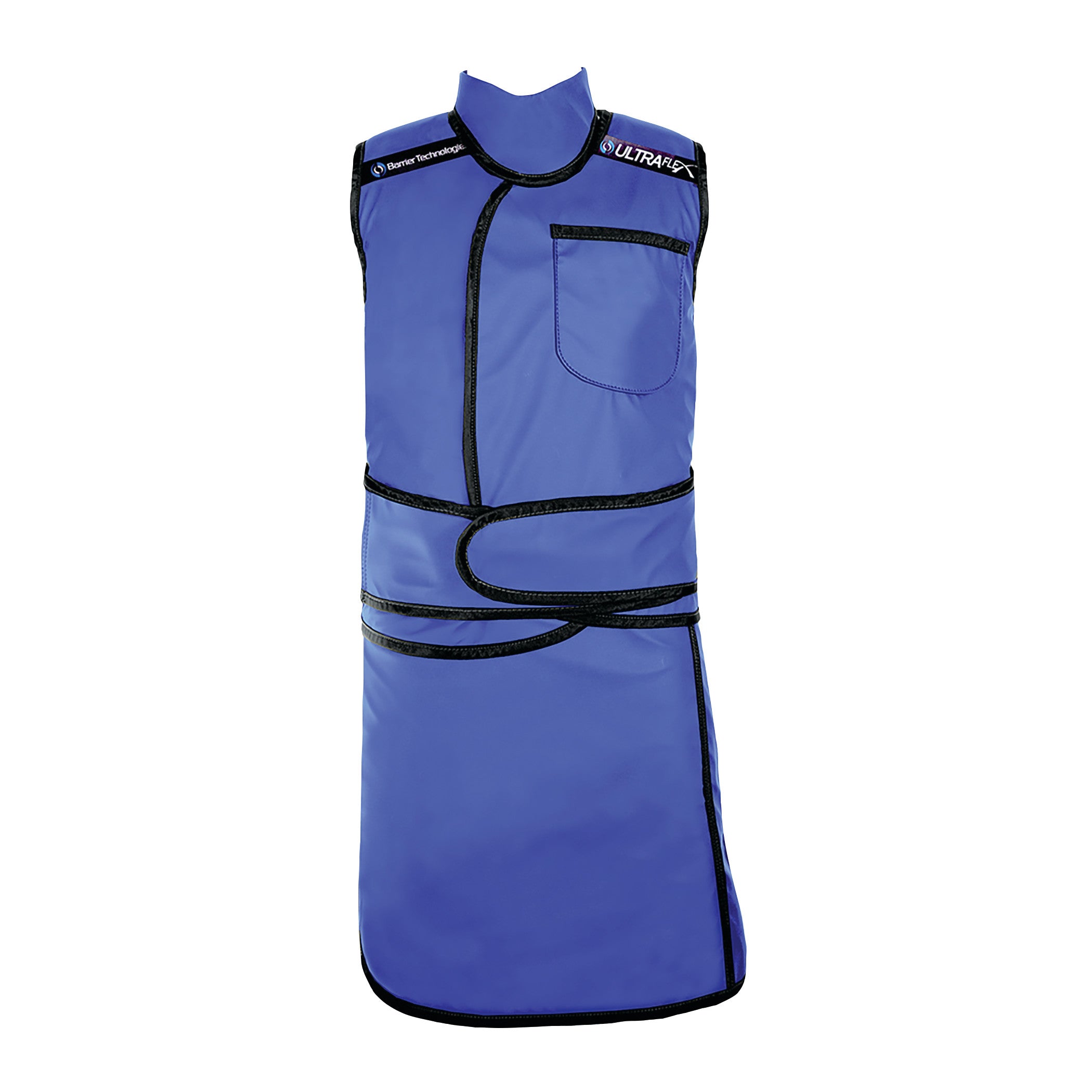 A blue Barrier Technologies Ready To Go UltraFlex Lead-Free Support Vest and Skirt with black trim and a chest pocket.