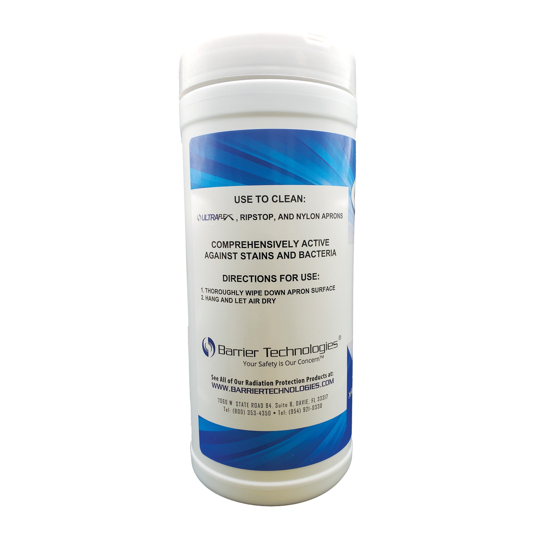 Container of Barrier Technologies Secure Shield X-Ray Apron Cleaning Wipes, used for cleaning apron surfaces and active against stains and bacteria.