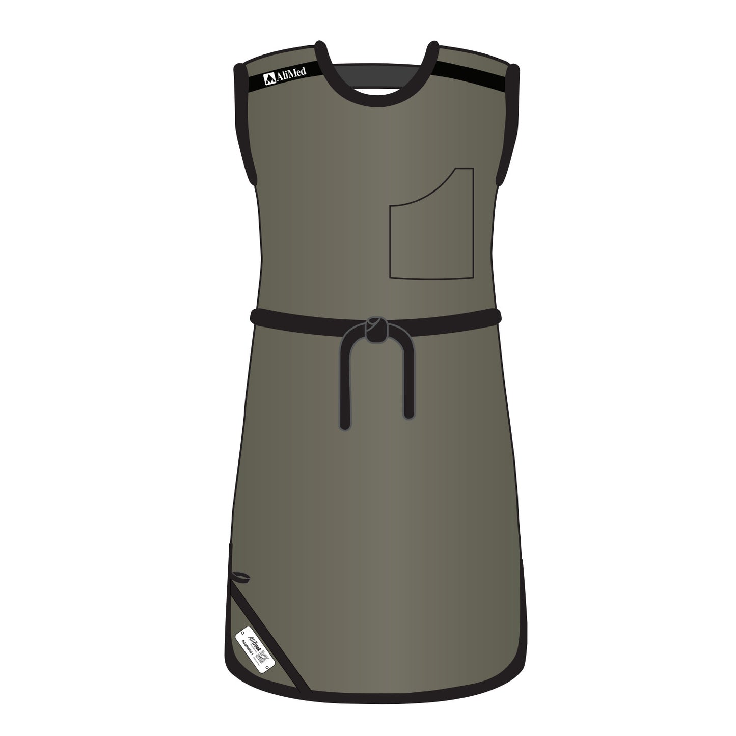 Illustration of an AliMed Grab n Go Tie Apron, Female. It's gray with black trim, a chest pocket, and a tie waist.