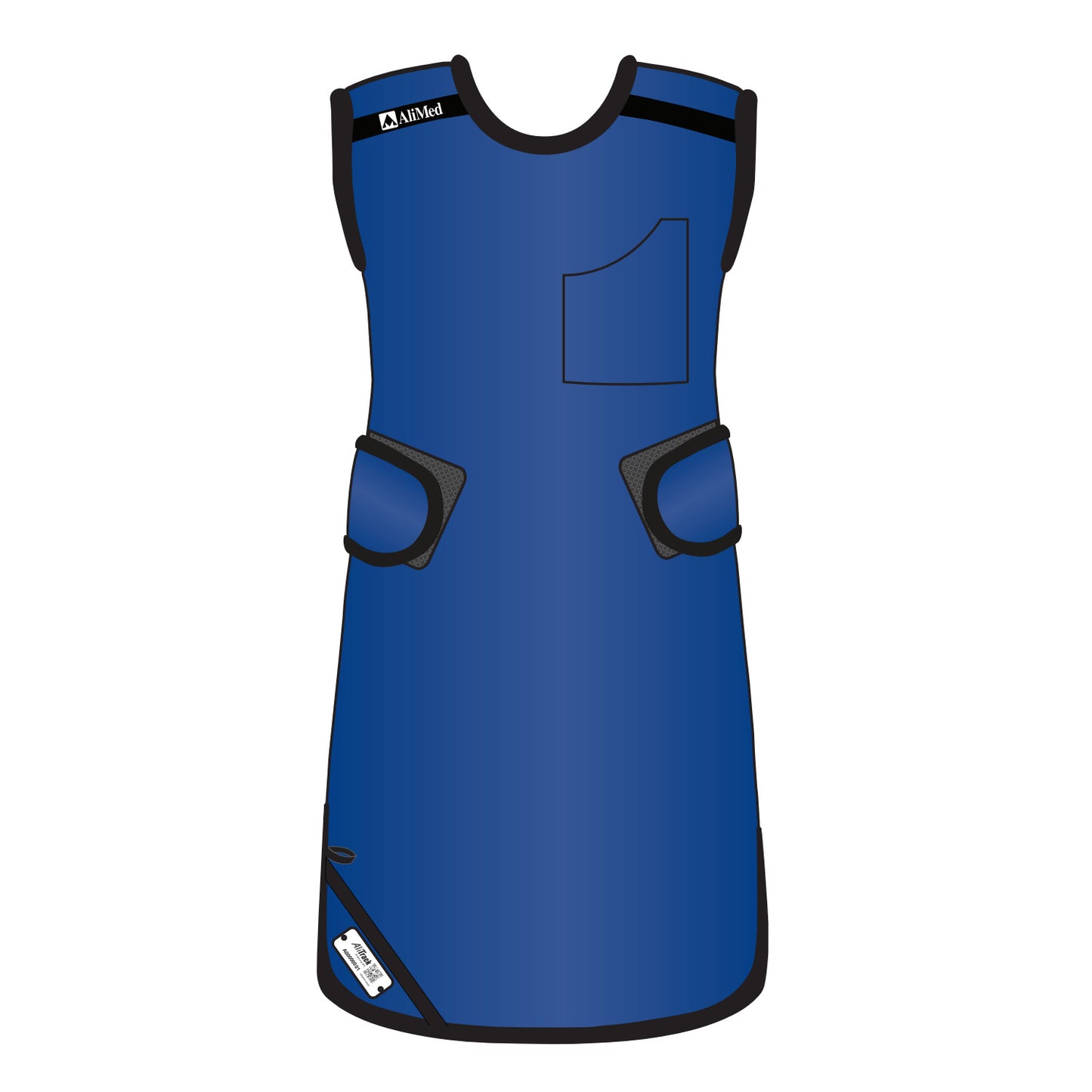 The AliMed Grab n Go 4-Point Quick Drop, Female, a blue protective vest with black trim, pockets, and straps.