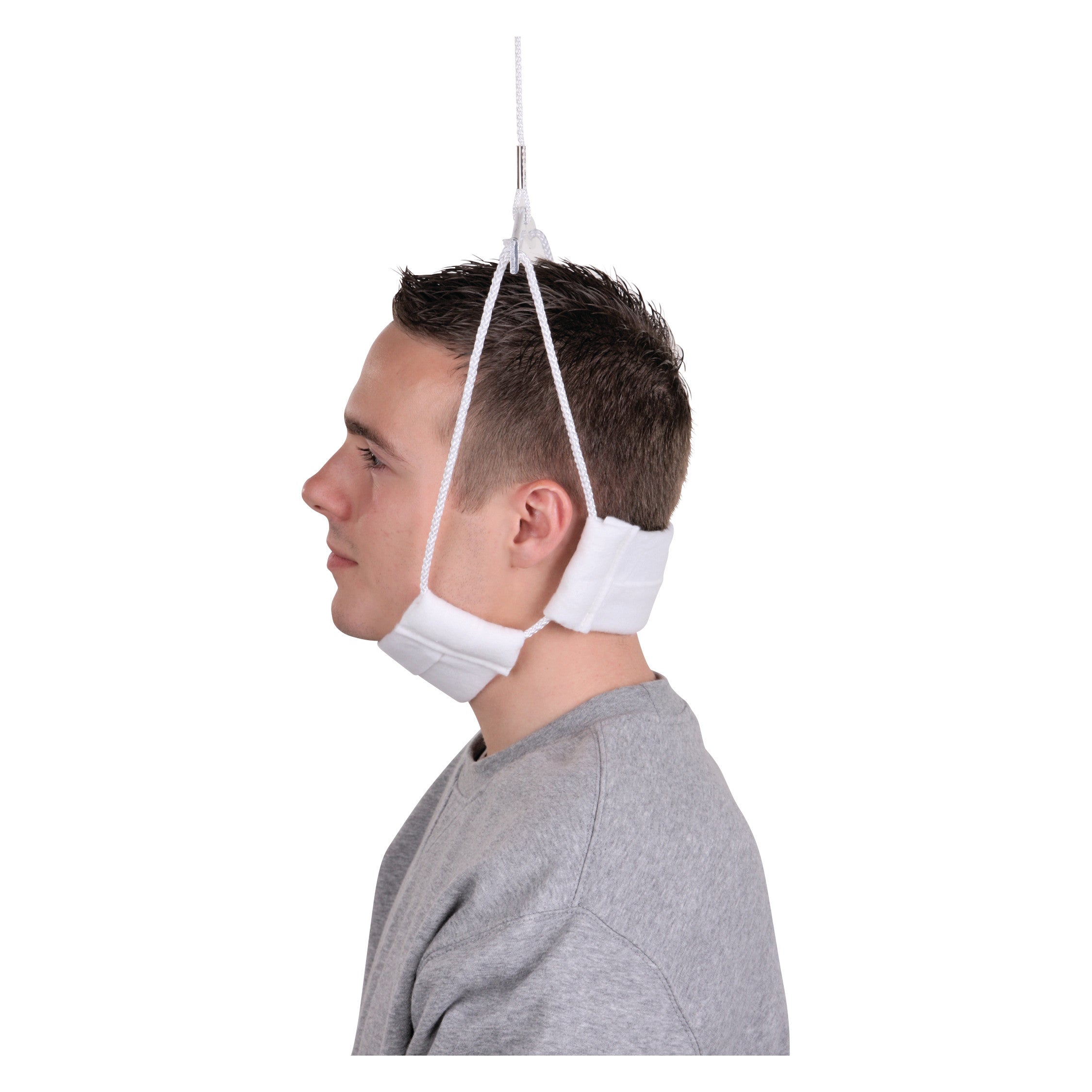 A person models an AliMed Disposable Head Halter, which is a soft, white support strap used for cervical traction.