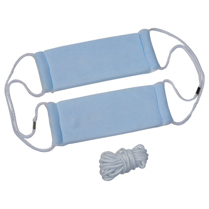 Two AliMed Disposable Head Halters in light blue with attached white cords, alongside a coiled white cord.