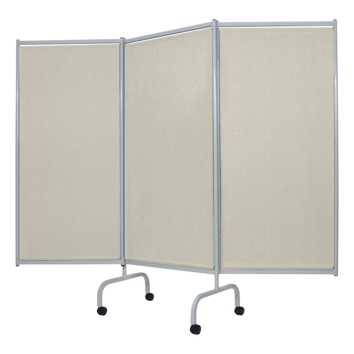 The Champion Privess Elite Three-Panel Privacy Screen features beige panels with gray frames and wheeled bases for easy mobility.