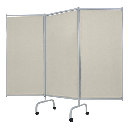 The Champion Privess Elite Three-Panel Privacy Screen features beige panels with gray frames and wheeled bases for easy mobility.