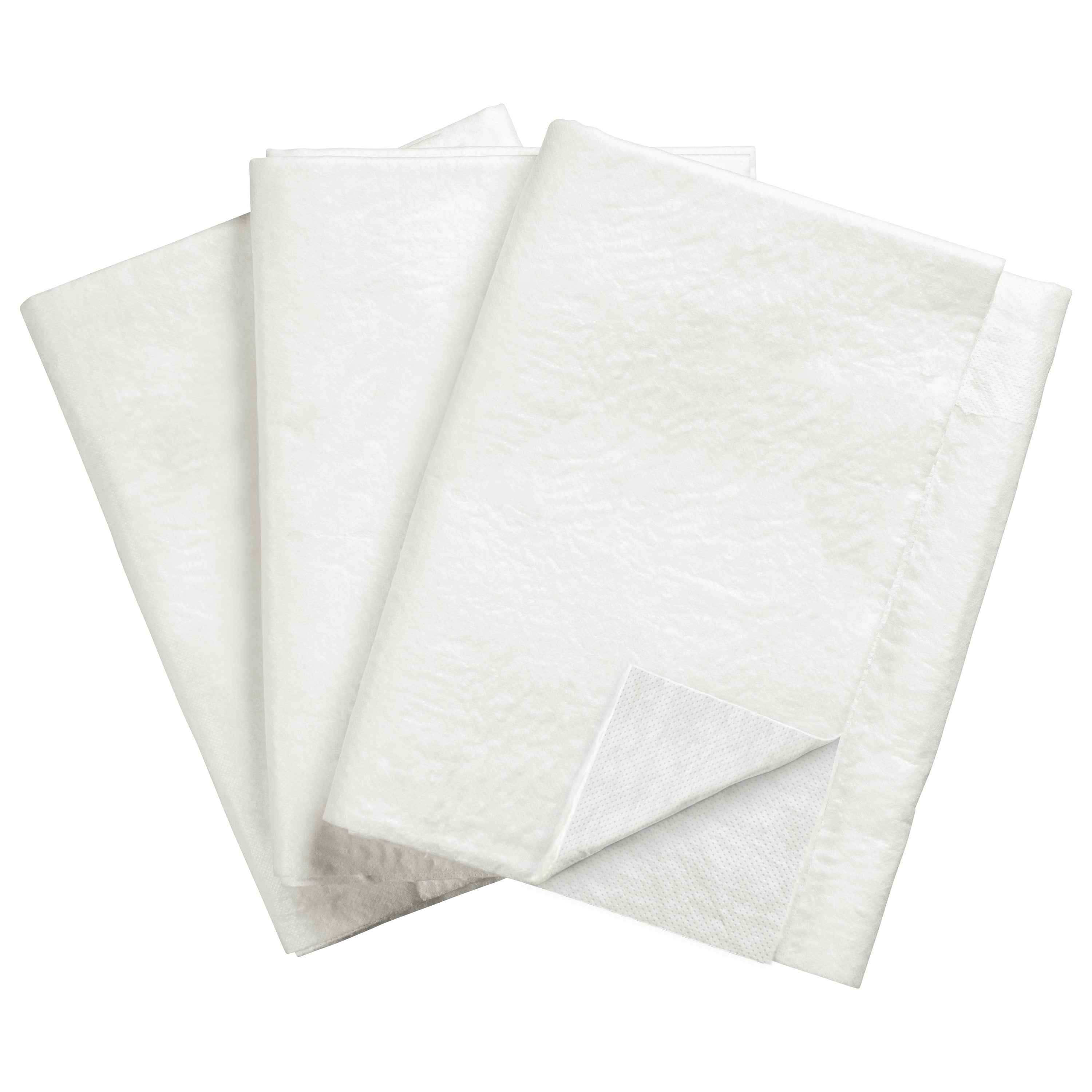 Three neatly folded SpilfyterMED White Absorbent Mats for Emergent Use, featuring a smooth, white surface and textured edges.
