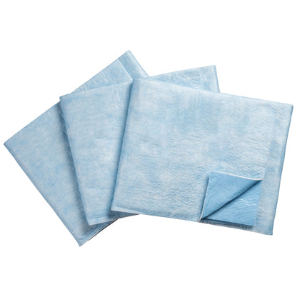Three SpilfyterMED Blue Absorbent Mats for Heavy Spillage are stacked, showing the textured surface and folded corner.