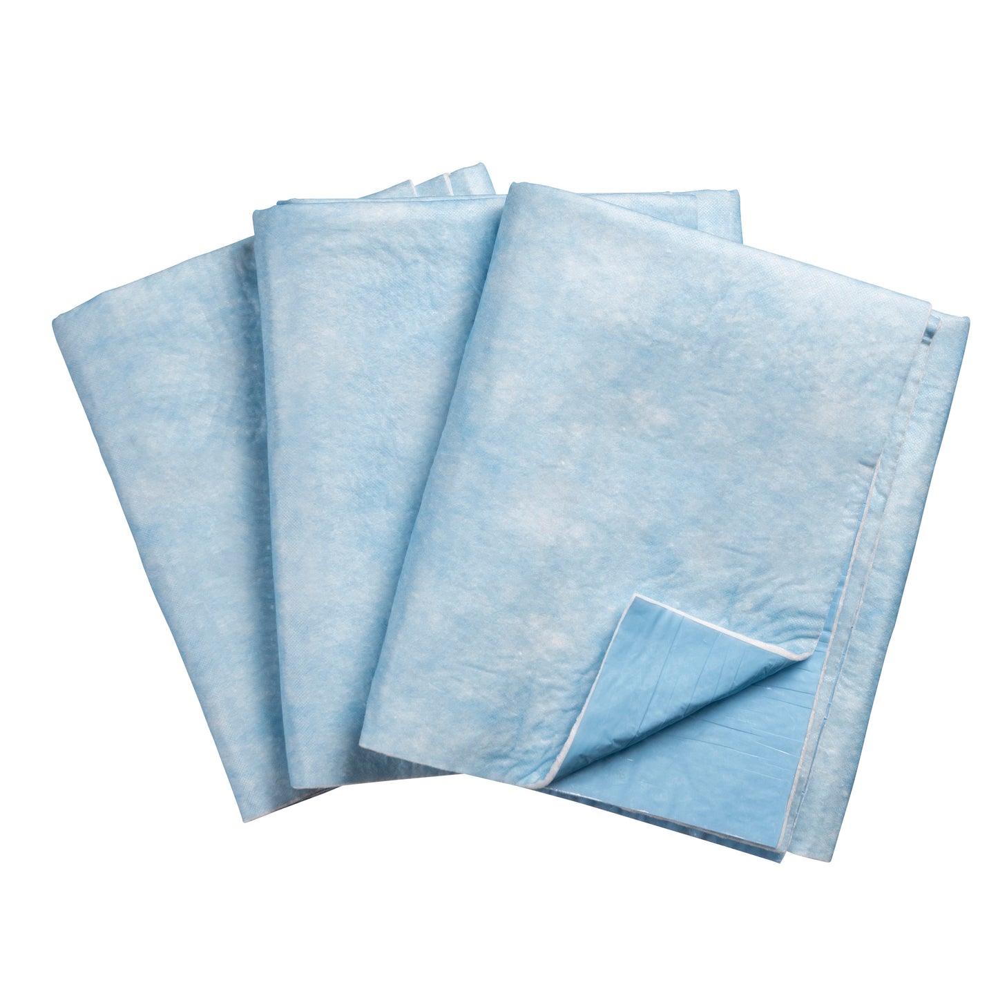 Three SpilfyterMED Blue Absorbent Mats for Heavy Spillage, light blue with a slightly textured surface, are shown overlapping.