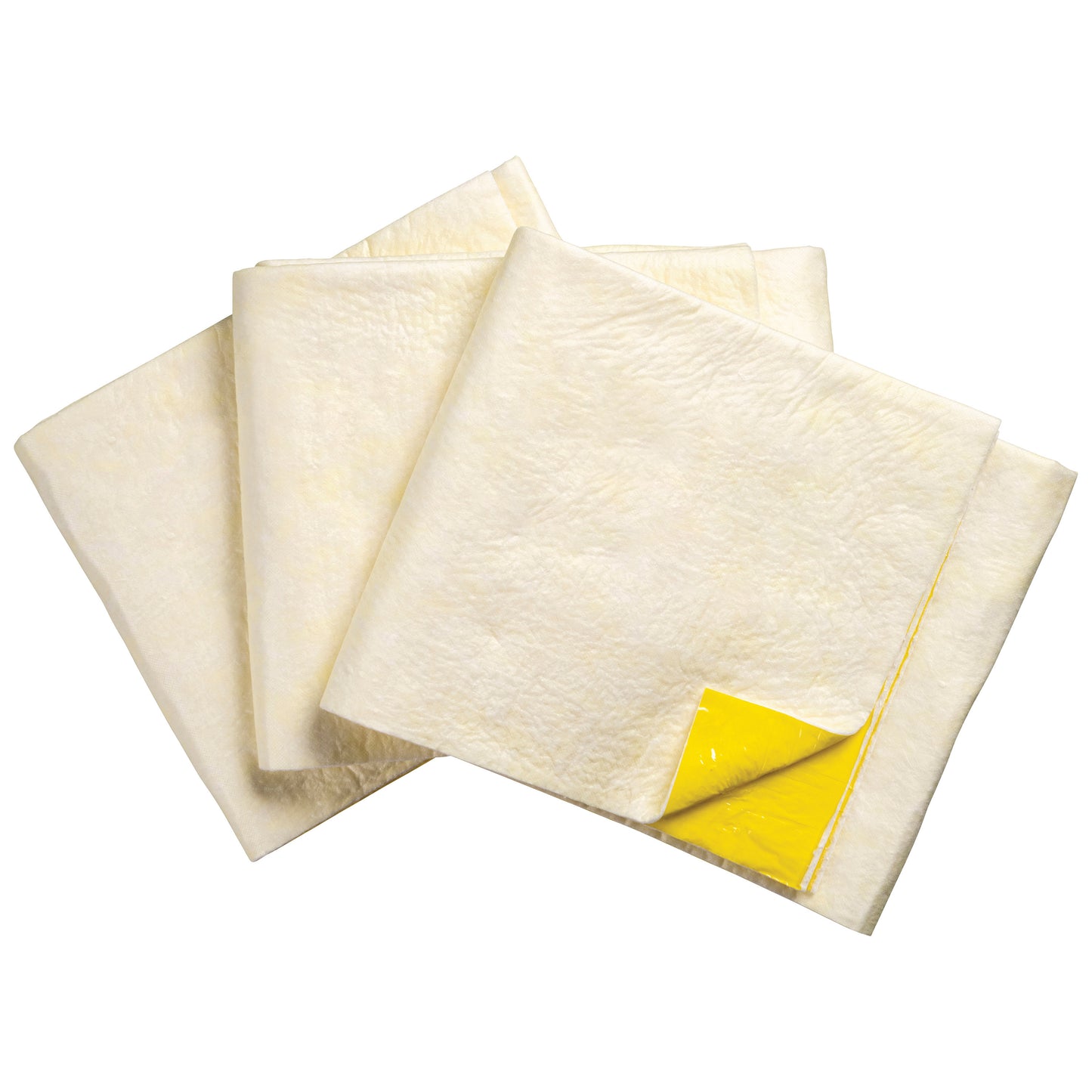 Four SpilfyterMED Yellow Absorbent Mats for Moderate Spillage, with edges visible and a yellow backing corner folded up.