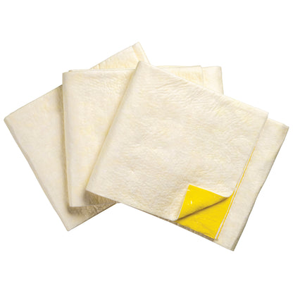 Four SpilfyterMED Yellow Absorbent Mats for Moderate Spillage, with edges visible and a yellow backing corner folded up.