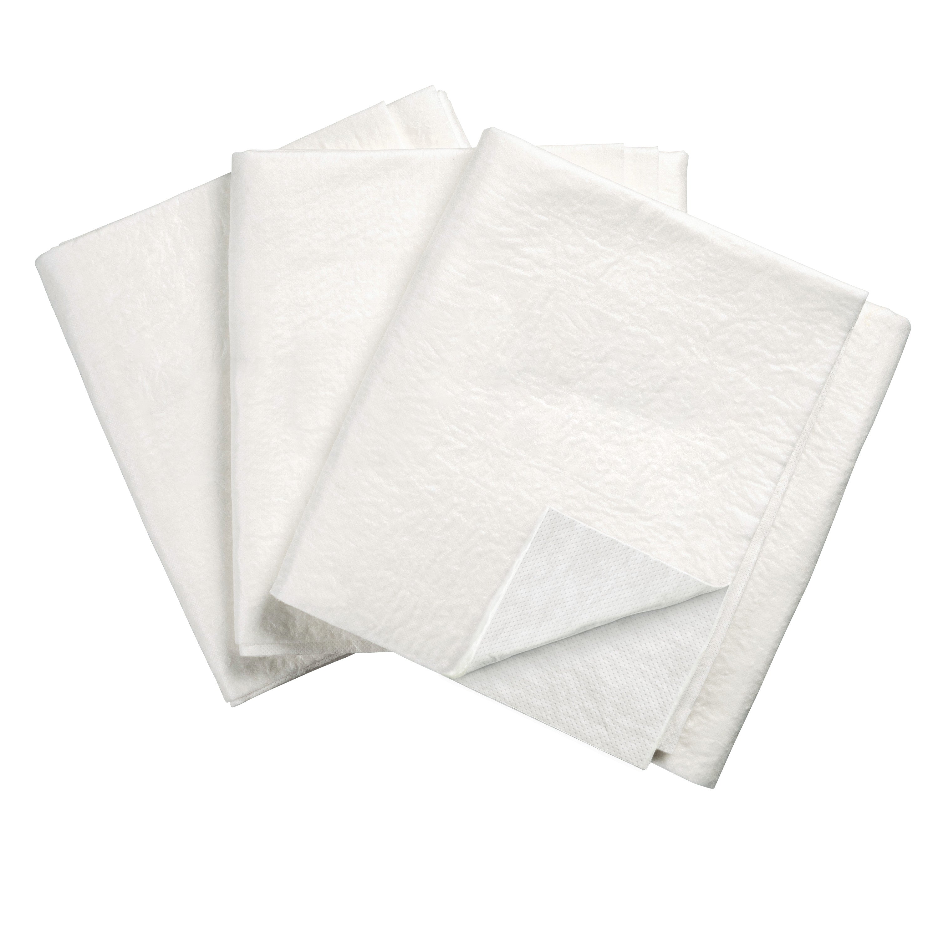 Three folded SpilfyterMED White Absorbent Mats for Emergent Use are displayed, showing a soft, textured surface.
