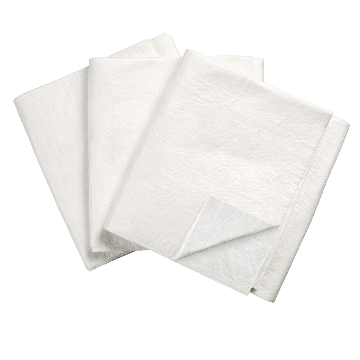 Three folded SpilfyterMED White Absorbent Mats for Emergent Use are displayed, showing a soft, textured surface.