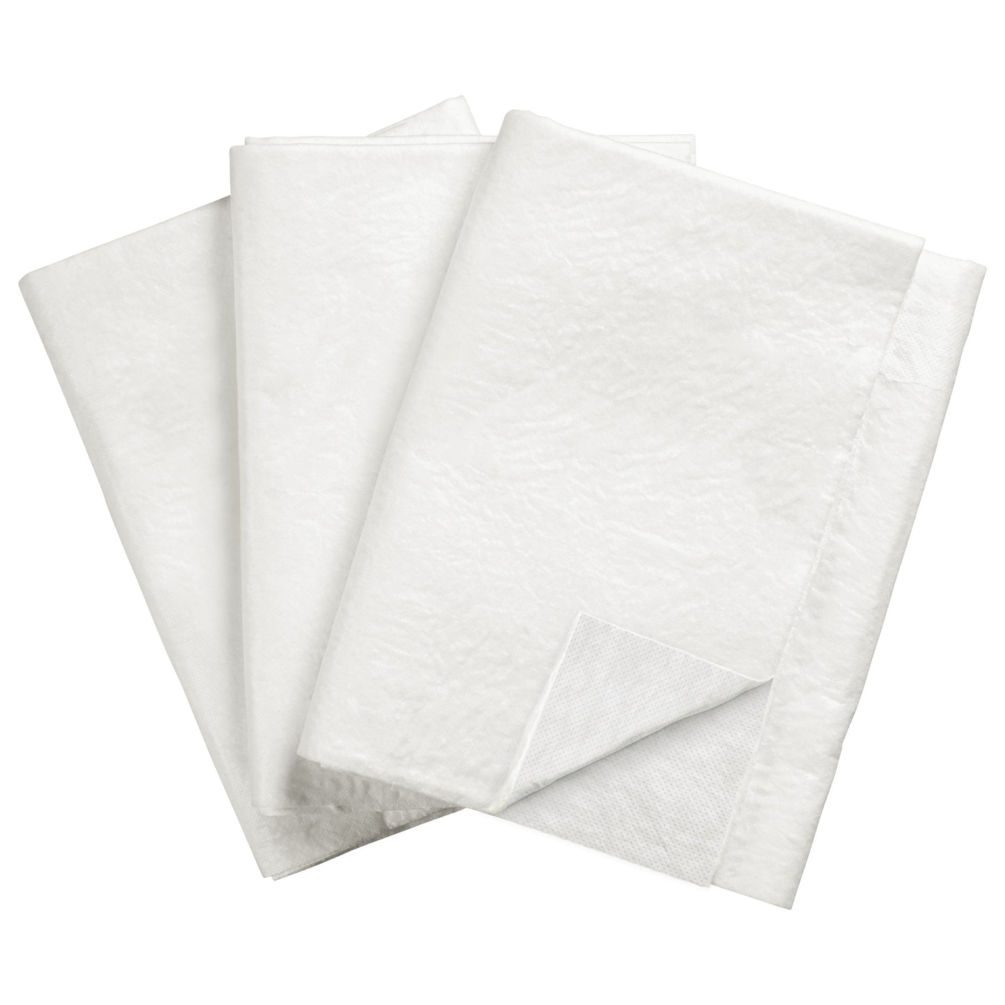 Three SpilfyterMED White Absorbent Mats for Emergent Use, folded and overlapping, displayed on a white background.