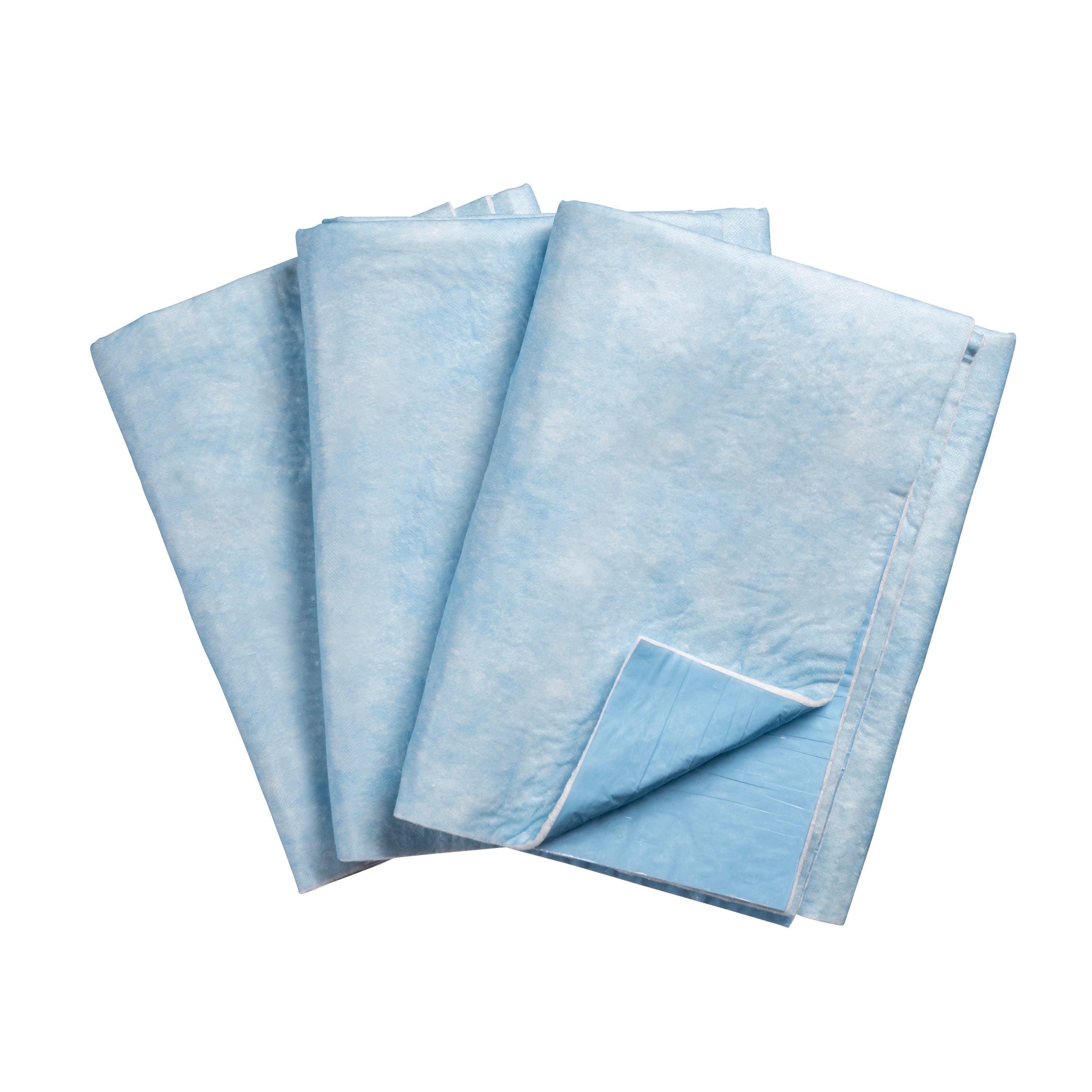 Three sheets of SpilfyterMED Blue Absorbent Mat for Heavy Spillage are overlapping, showcasing their blue color and texture.