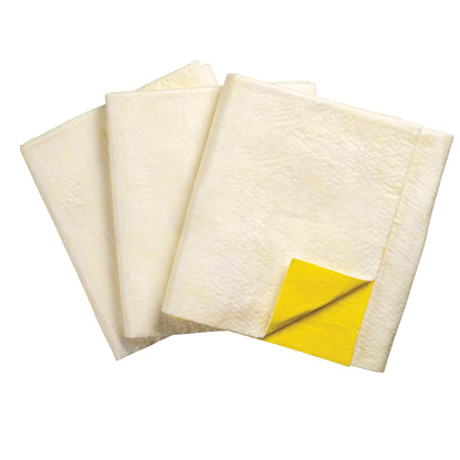 Several SpilfyterMED Yellow Absorbent Mats for Moderate Spillage are shown, with one mat displaying its yellow-lined edge.