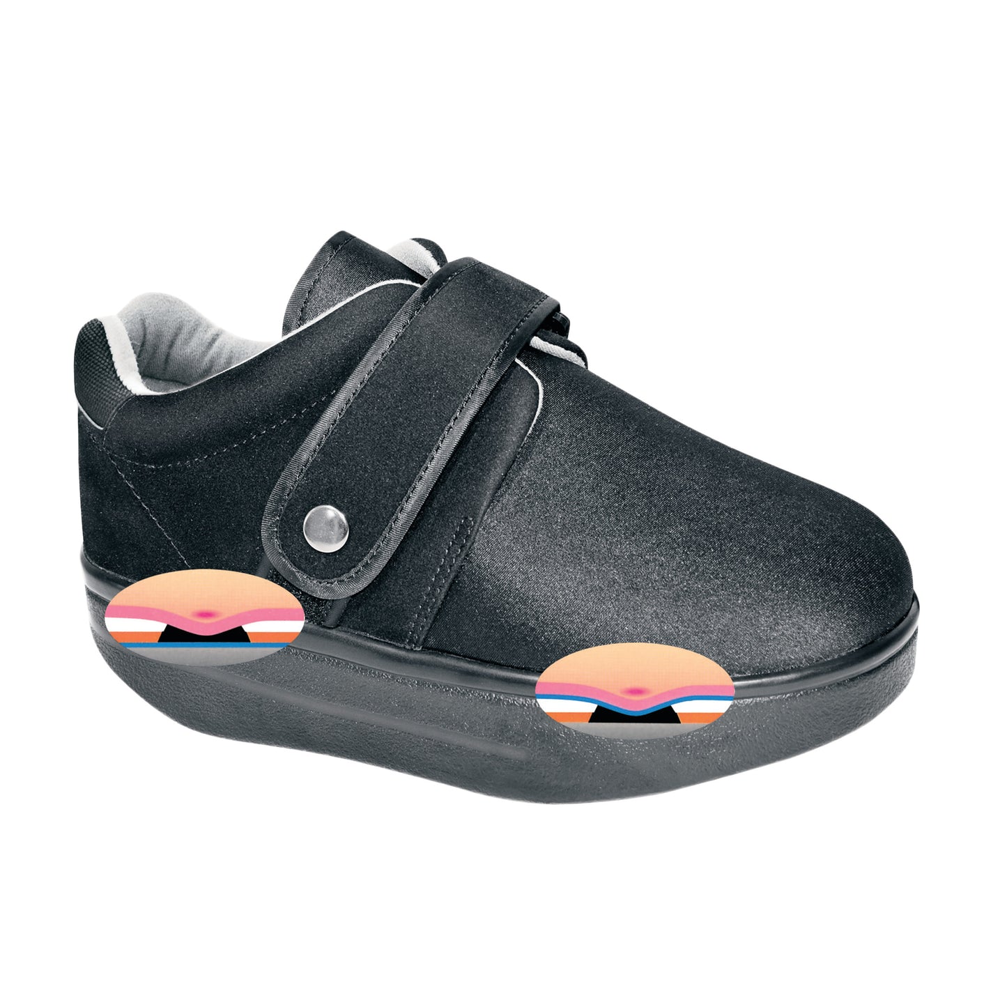 A DARCO Closed Toe Wound Care Shoe System. It has a black design with a strap and pink cushioned areas for comfort.