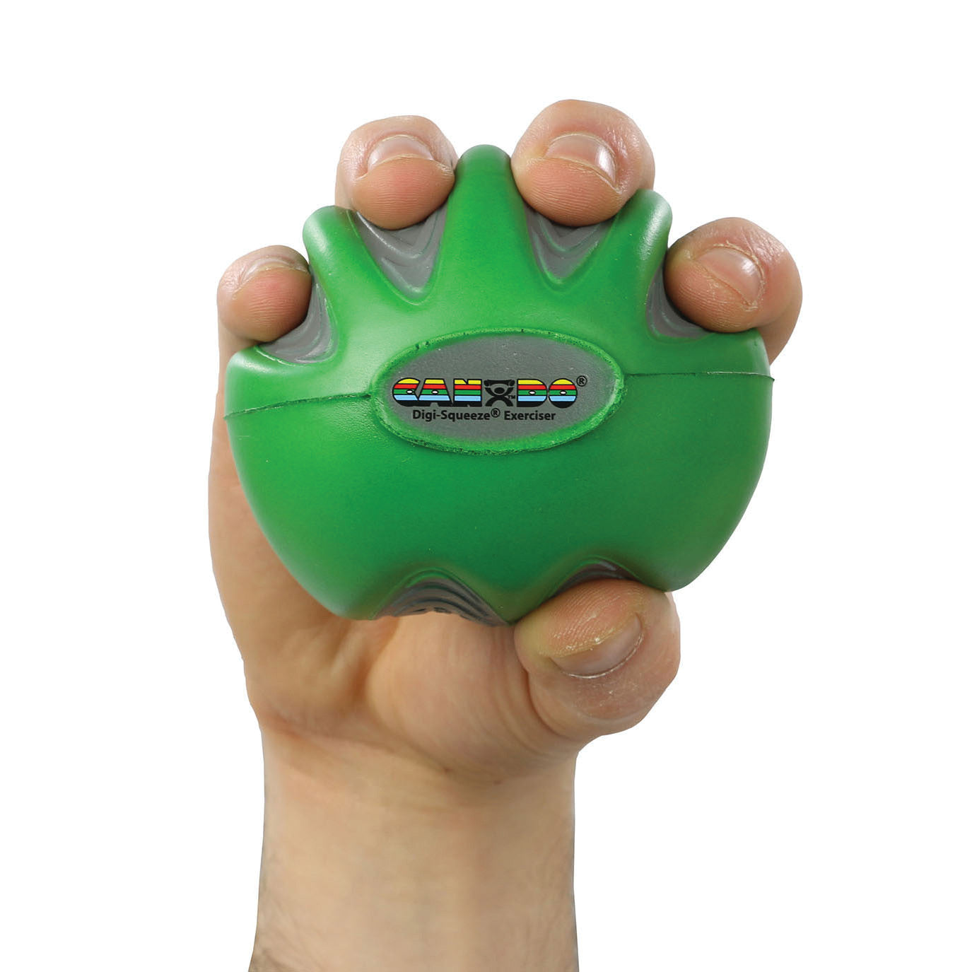 A hand grips the green CanDo Digi-Squeeze Hand Exerciser, showing its ergonomic design and label on the front.