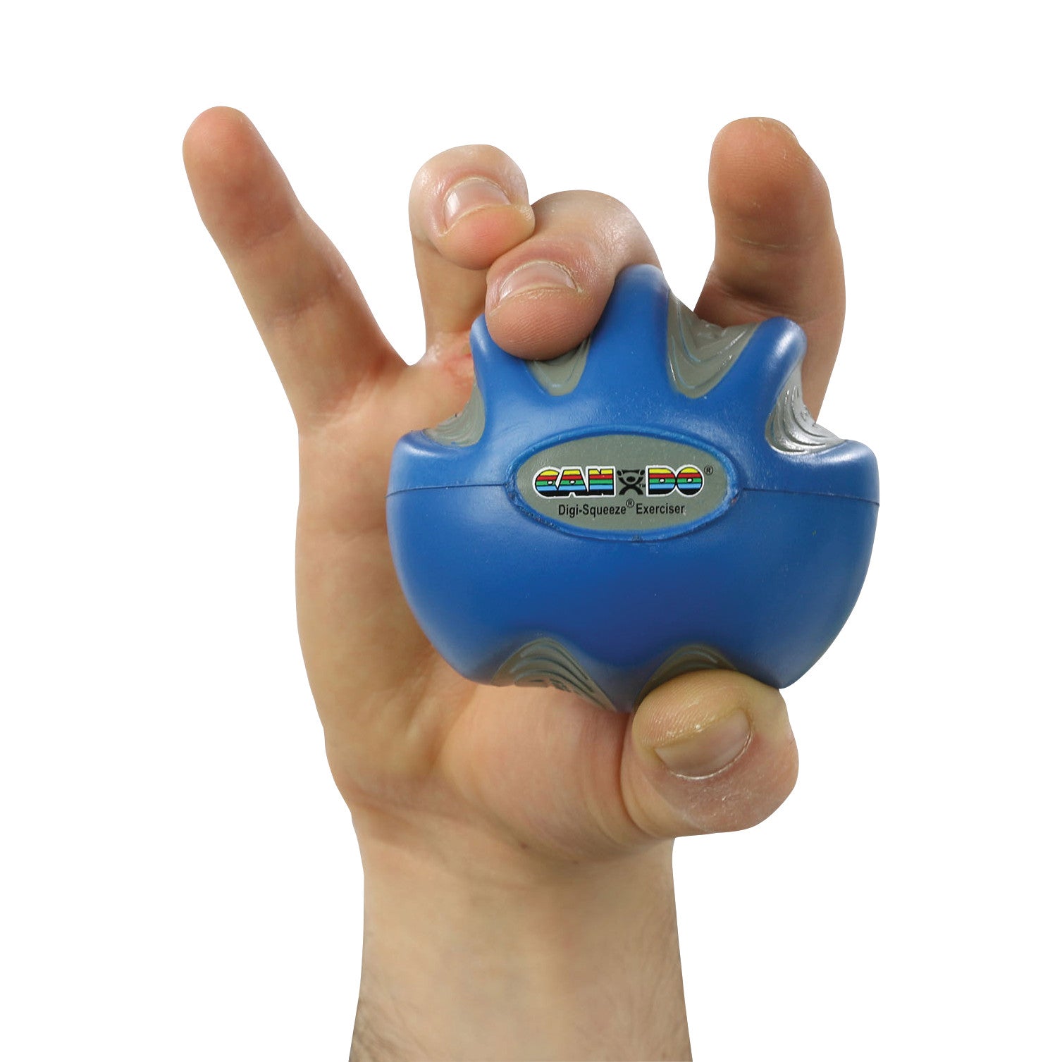 A hand grips a blue CanDo Digi-Squeeze Hand Exerciser, designed for finger and grip strength training.