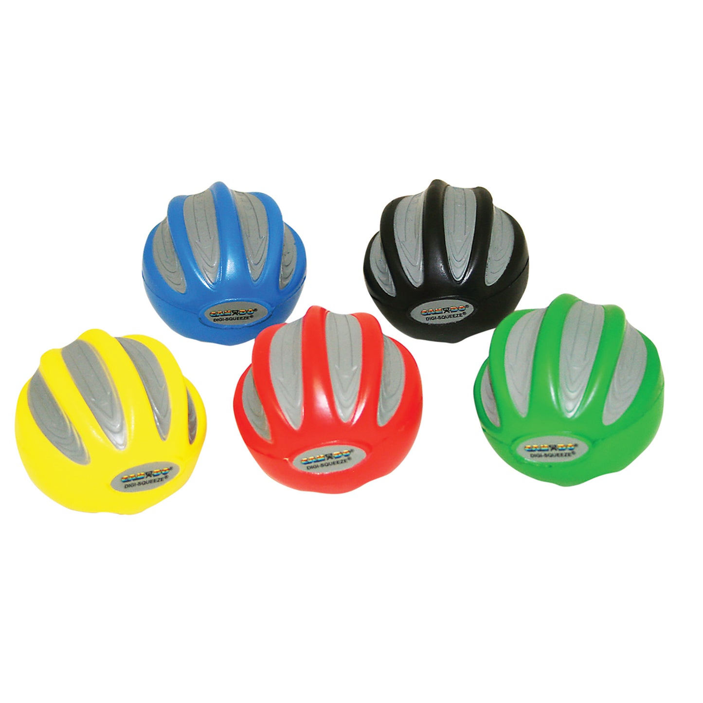 Five CanDo Digi-Squeeze Hand Exercisers in yellow, blue, black, red, and green, designed for grip strengthening exercises.