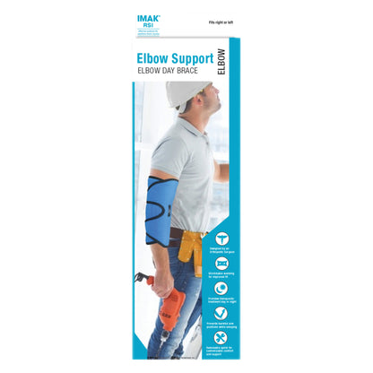Packaging for Brownmed IMAK RSI Pil-O-Splint Adjustable Elbow Support, showing a person wearing it while holding a tool.