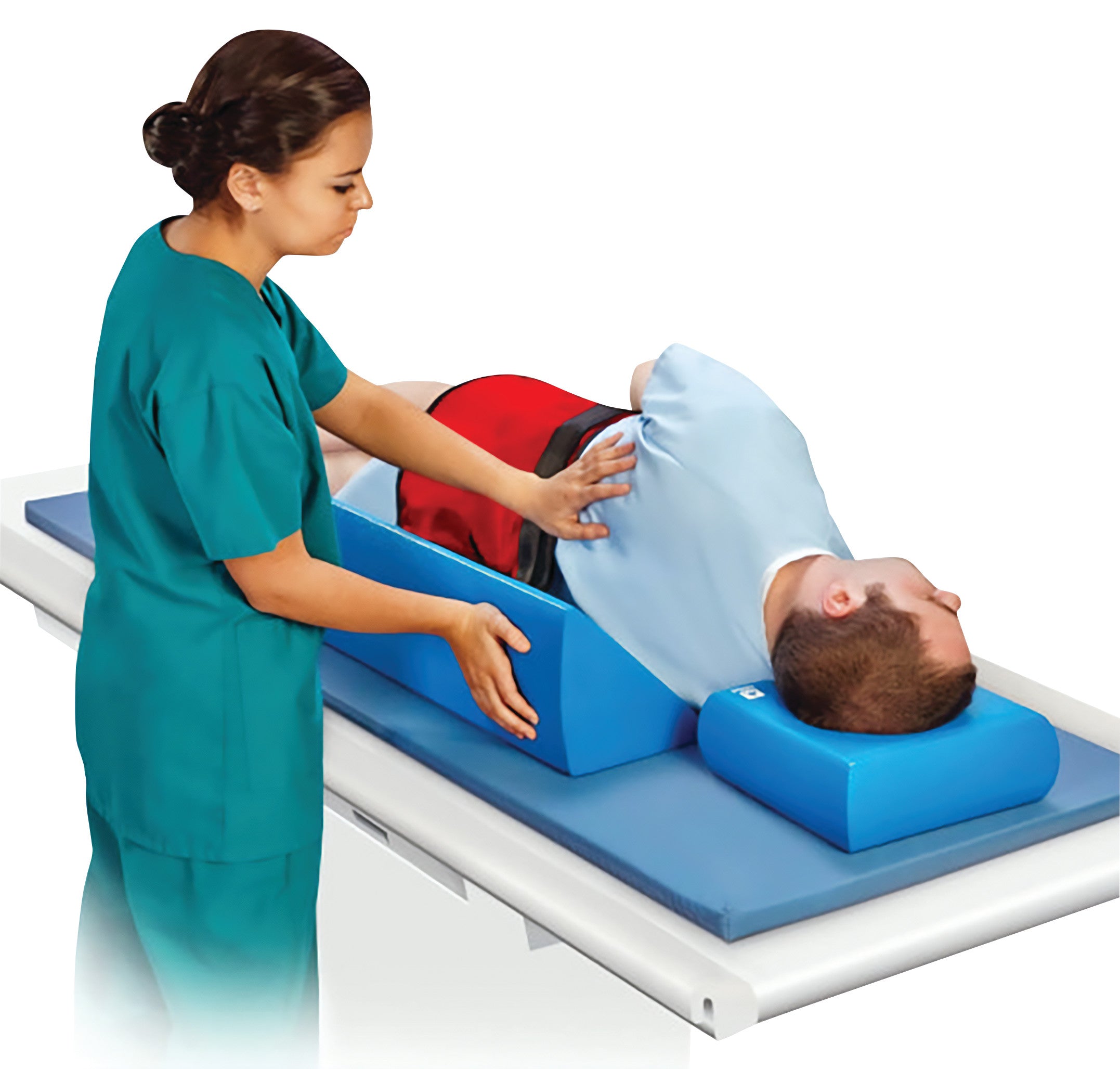 A caregiver positions a patient using the AliMed InvisiCoat Plus 45 Degree Wedge, supporting their back on a medical table.