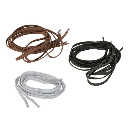 Three pairs of Round Elastic Shoelaces are shown in brown, black, and white colors, neatly coiled on a white background.