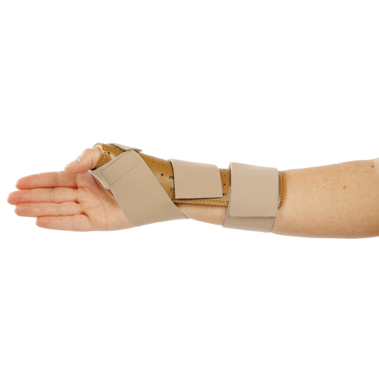A person's arm is wearing an AliMed FREEDOM Thumb Spica splint in blue, secured with straps and providing support for the wrist and thumb.