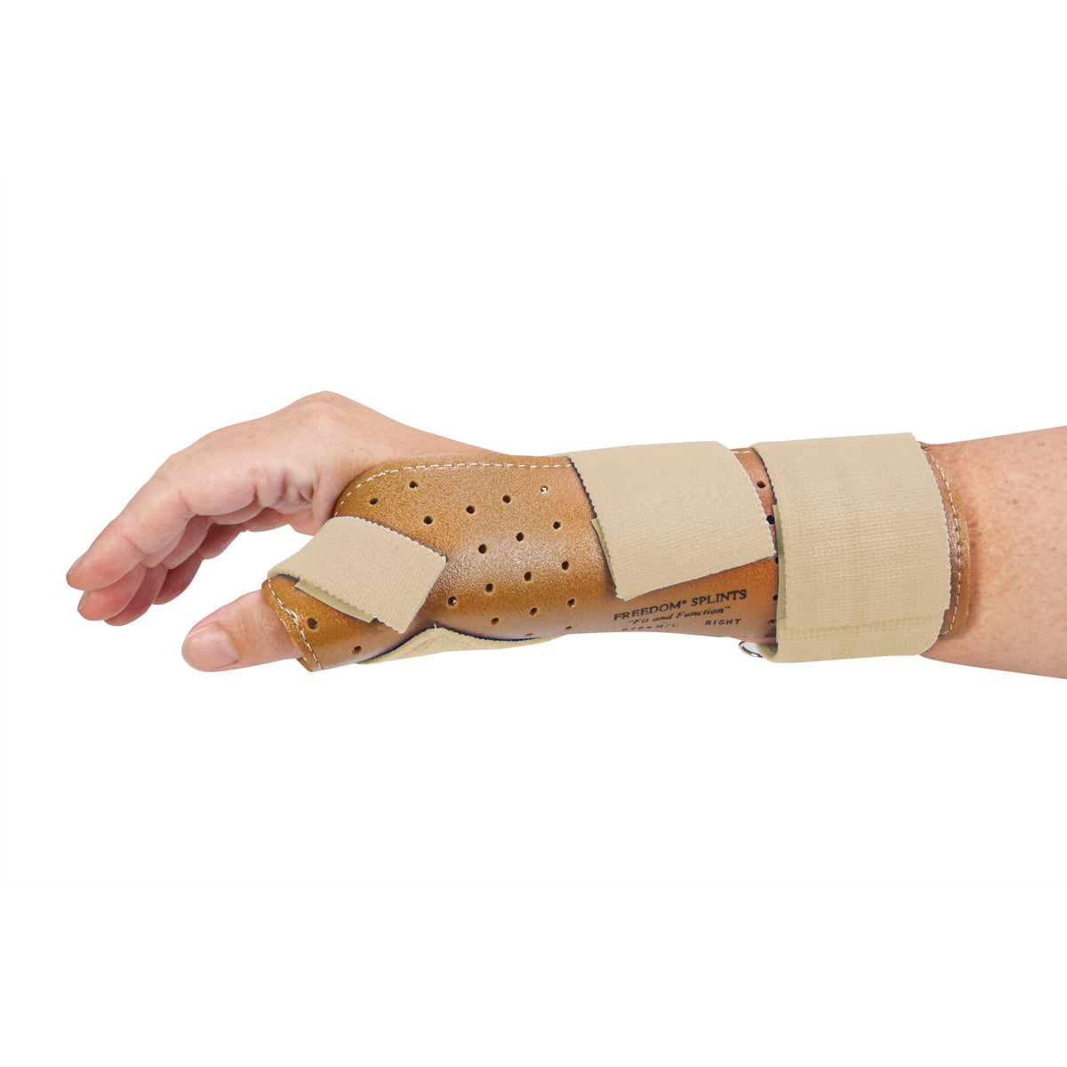 A hand wearing the AliMed FREEDOM Thumb Spica, a brown brace with blue straps, designed to support the thumb and wrist.