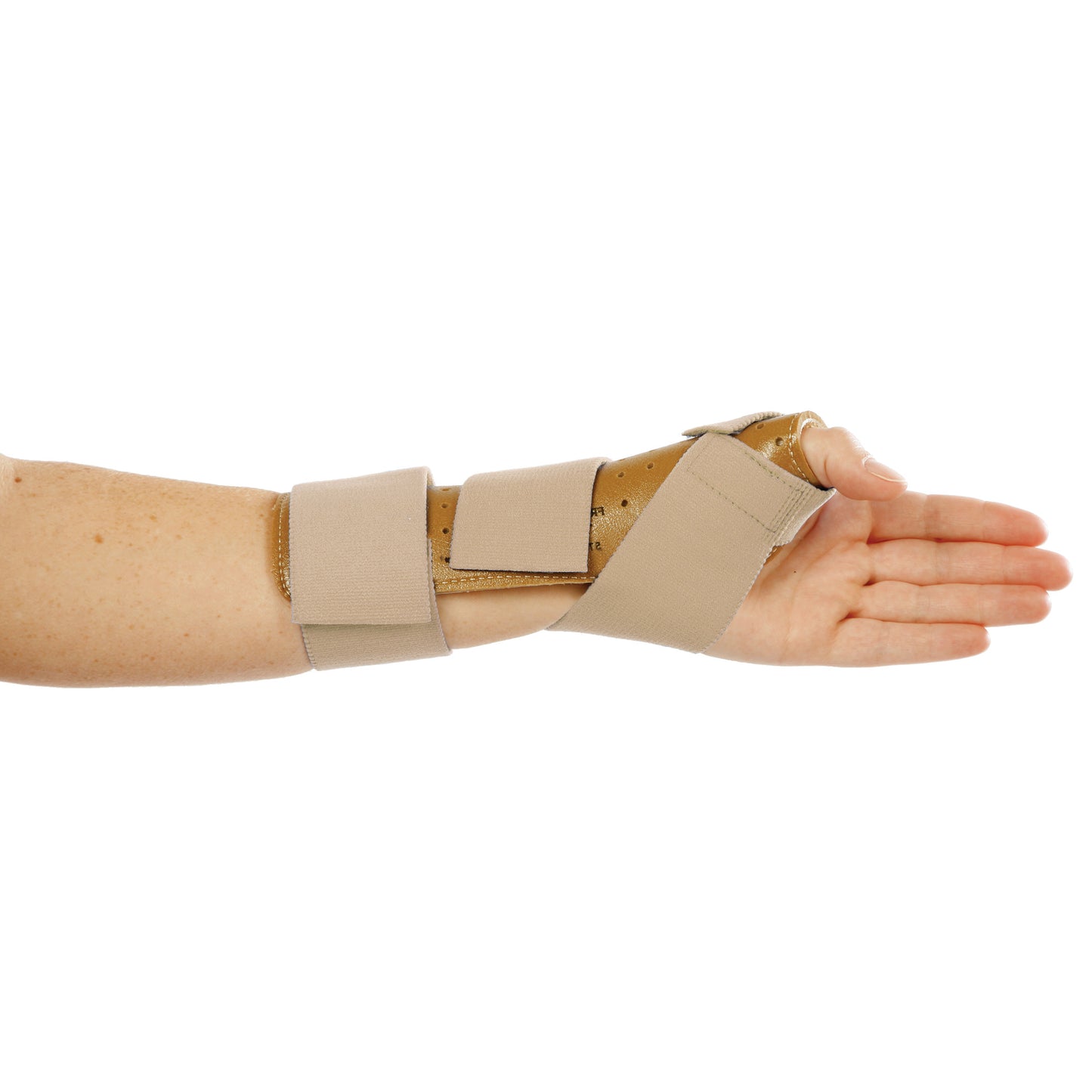A forearm wearing an AliMed FREEDOM Thumb Spica, featuring blue straps and a supportive splint for the thumb and wrist.