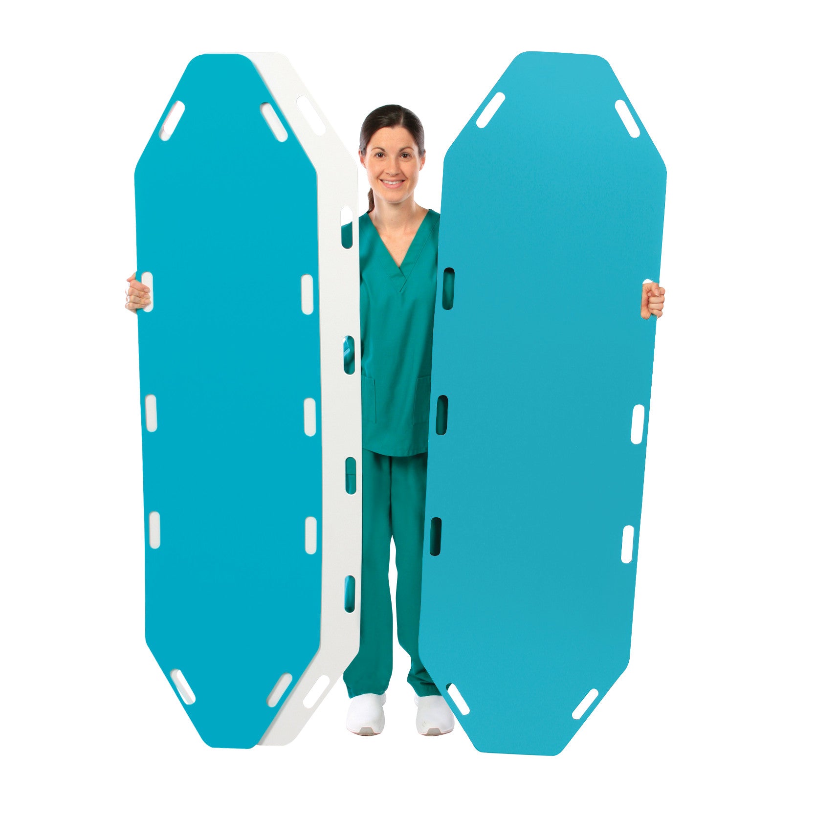 A medical professional holds two AliMed Anti-Stat Patient Shifters, two blue and one white, used for patient transfers.