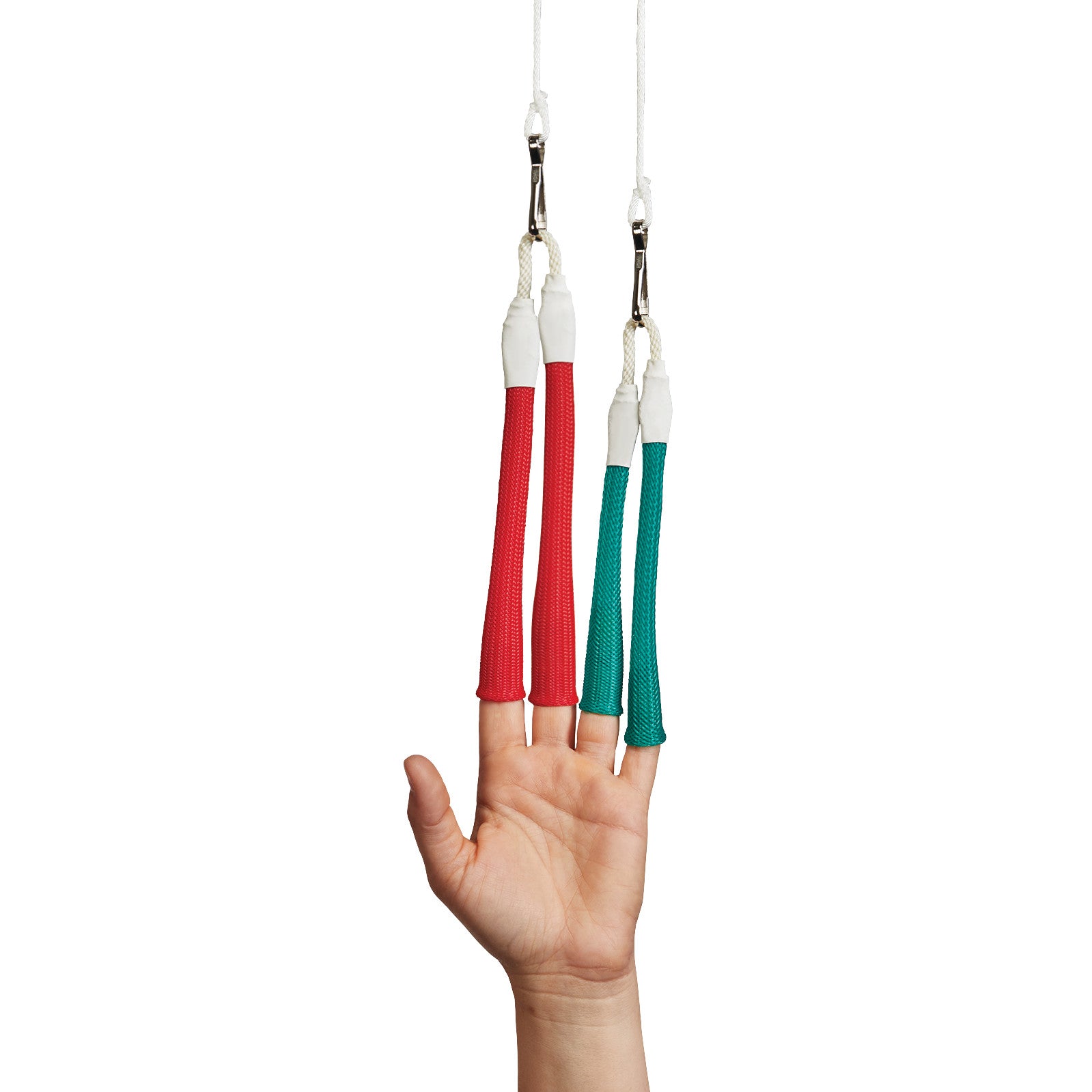 A hand is shown with each finger in a loop of the AliMed Autoclavable Soft Touch Double Finger Trap, featuring red and green traps.