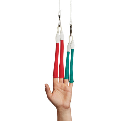 A hand is shown with each finger in a loop of the AliMed Autoclavable Soft Touch Double Finger Trap, featuring red and green traps.