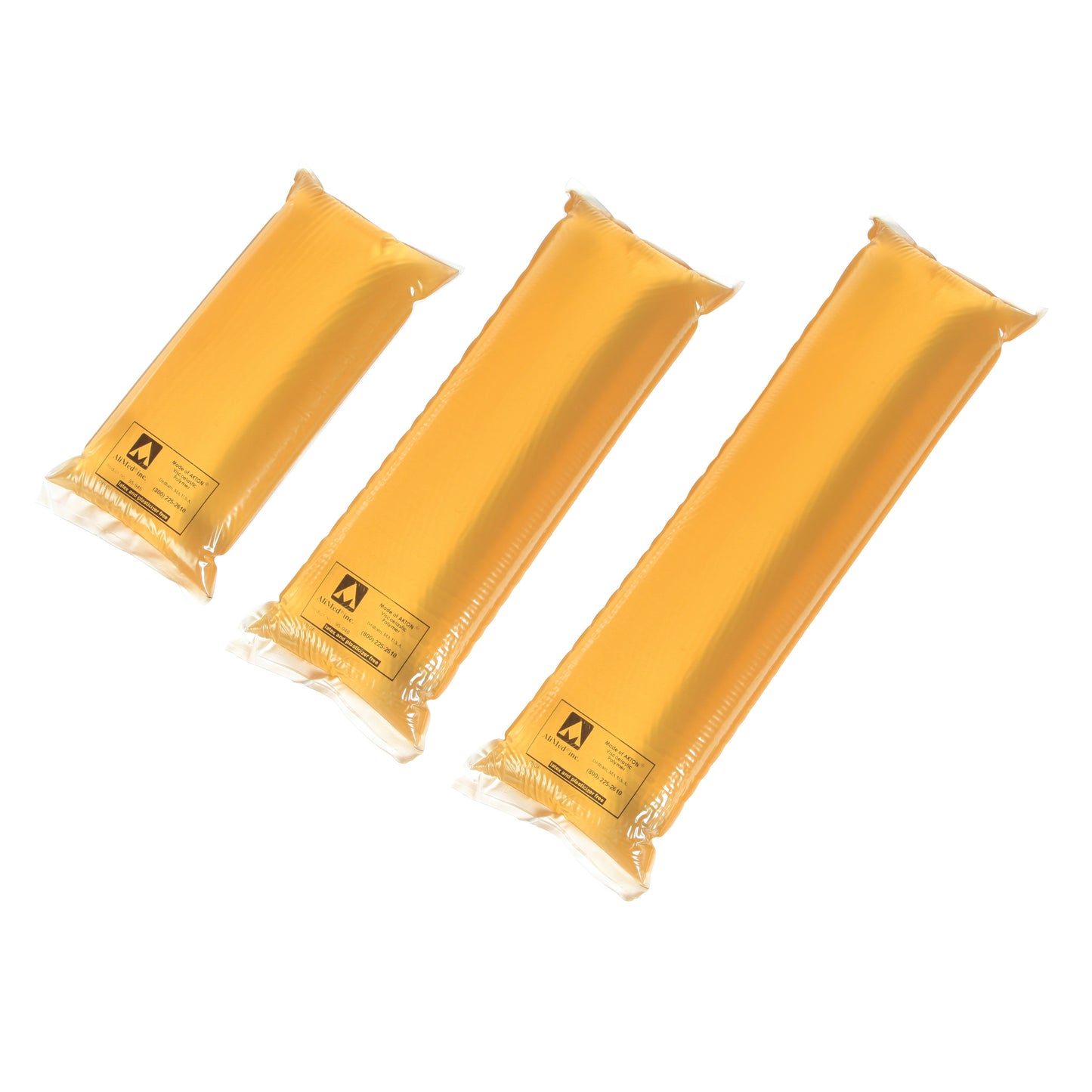 Three AliMed AliGel Universal Positioners are shown in varying sizes, filled with a yellow gel and encased in clear plastic.
