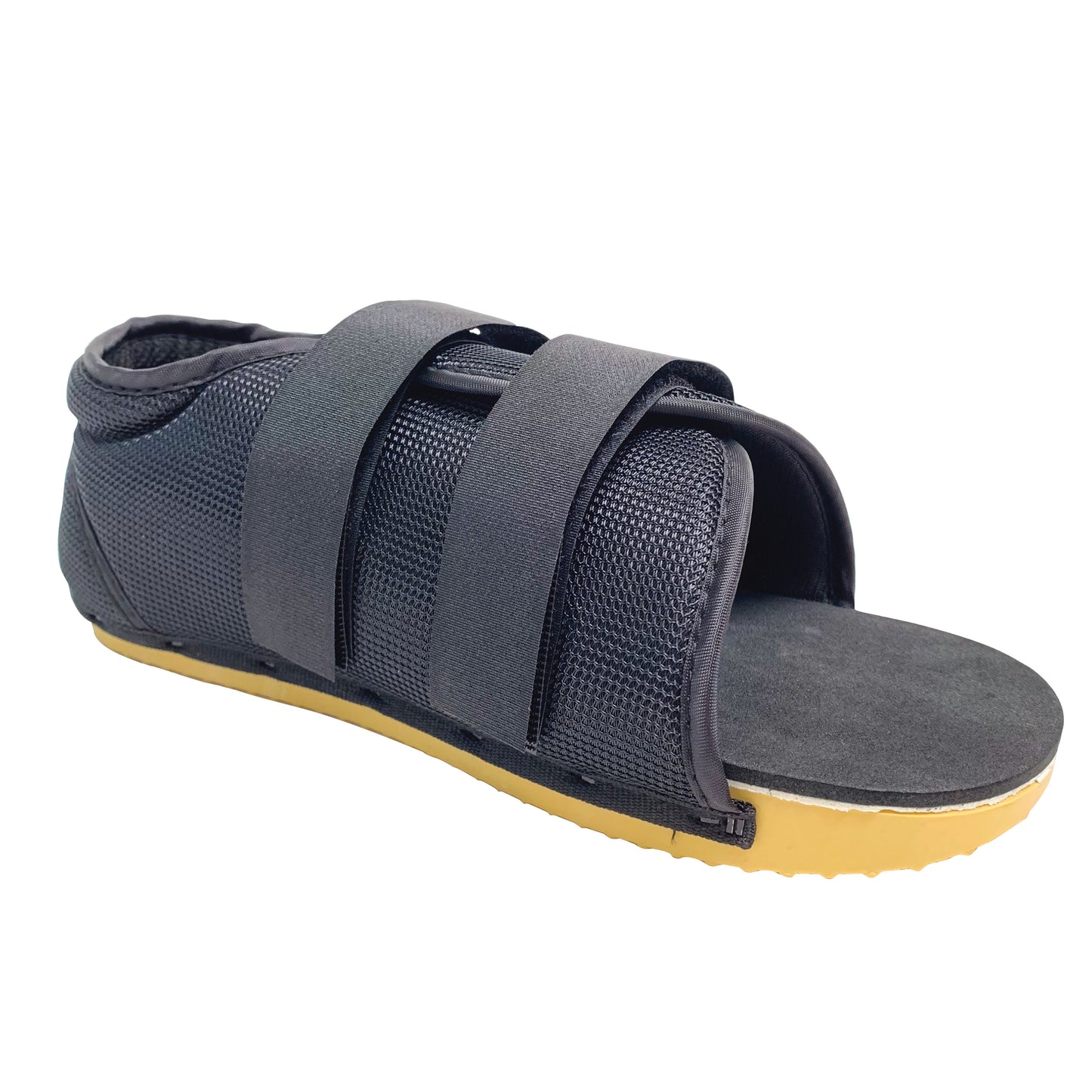 A Canvas Post-Op Shoe with a black mesh upper, adjustable straps, and a flat yellow sole, designed for post-surgery foot protection.
