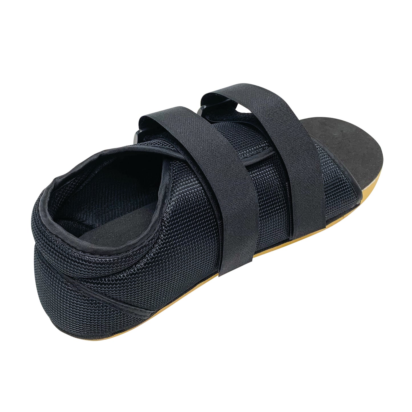 Black Canvas Post-Op Shoe with two adjustable straps and a thick sole designed for foot support after surgery or injury.