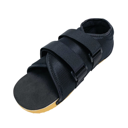 The image features a black Canvas Post-Op Shoe with adjustable straps, designed for foot support and protection after surgery.