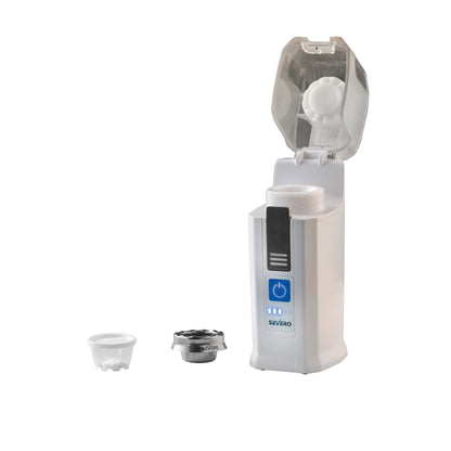 Severo Electric Pill Grinder with an open lid is displayed, accompanied by two accessory components on a white background.