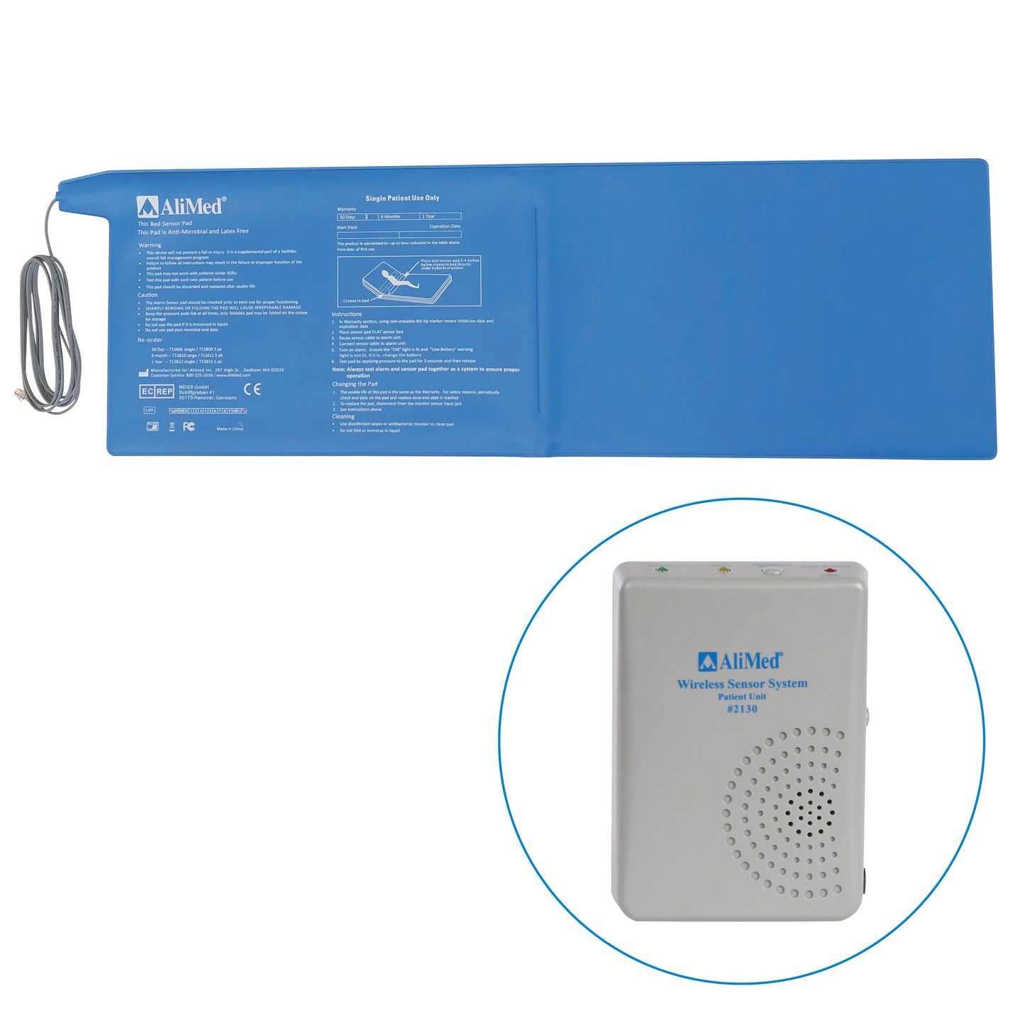 AliMed Patient Alarm/Transmitter Unit with Bed Sensor Pad, featuring a blue sensor pad and a gray wireless sensor system device.