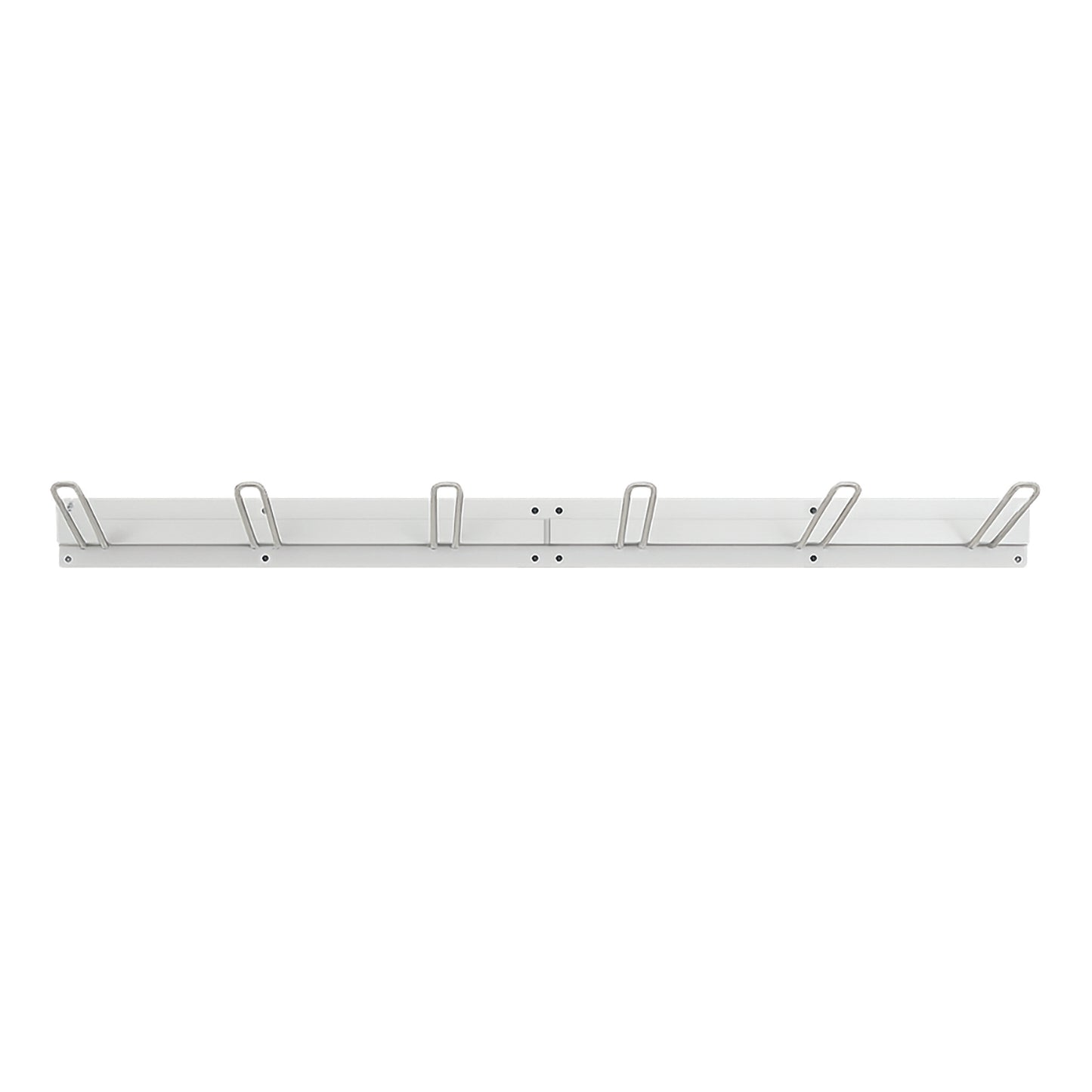 A long, metal  wall-mounted storage  rack with five evenly spaced metal hooks for hanging items.